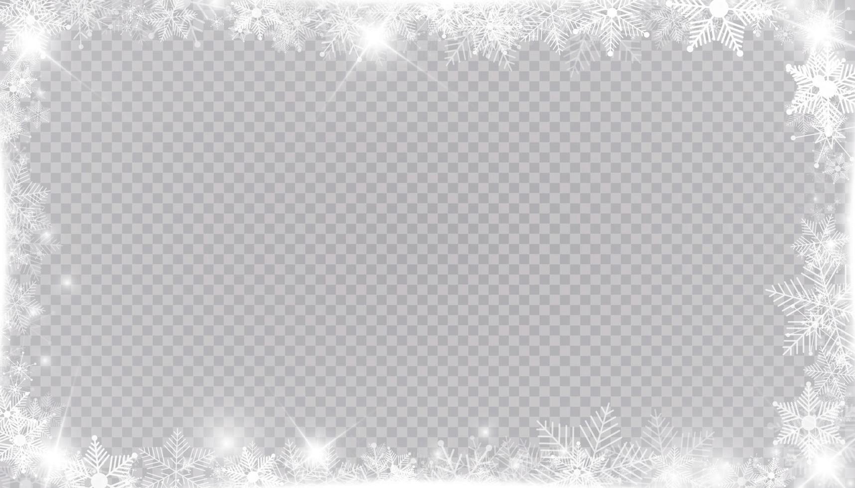 borde de marco rectangular de nieve de invierno con estrellas, destellos y copos de nieve. banner navideño festivo, tarjeta de felicitación de año nuevo, postal o invitación vector