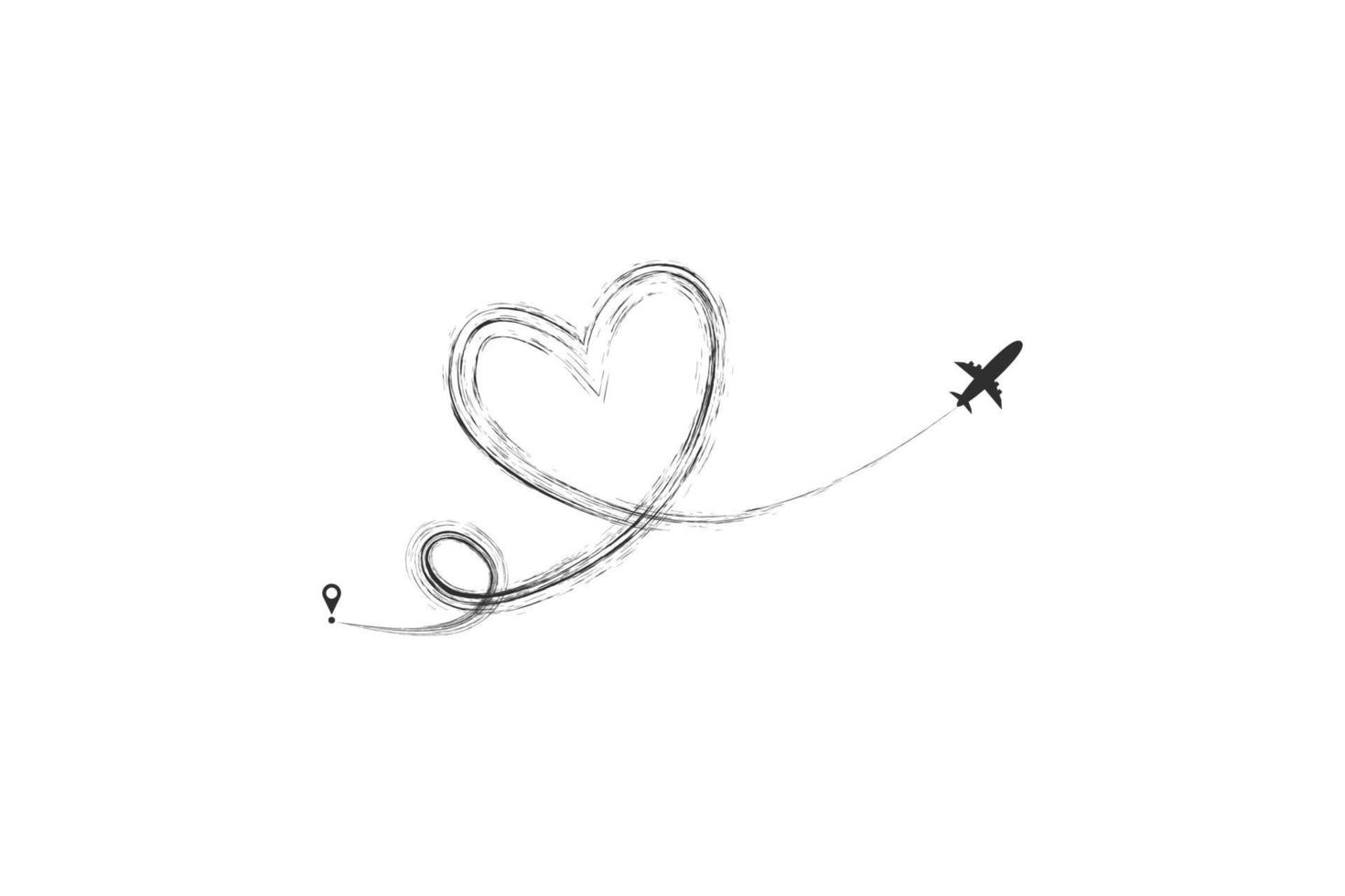 Plane and its track in the shape of a heart on white background. Vector illustration. Aircraft flight path and its route