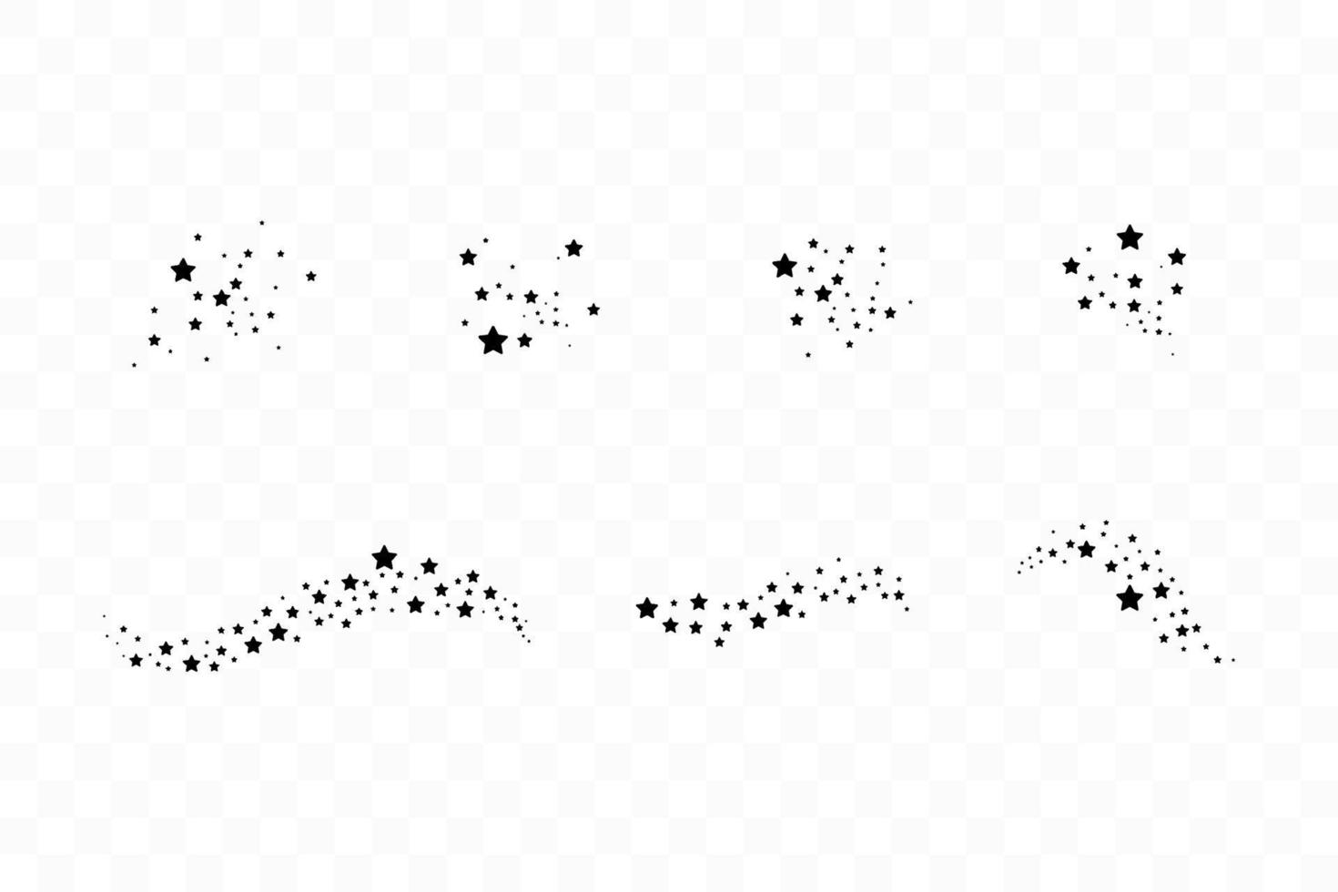 Set of black falling stars. Cloud of black stars isolated. Vector illustration. Meteoroid, comet, asteroid, stars