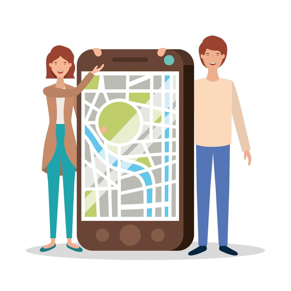 young couple with smartphone and gps app vector