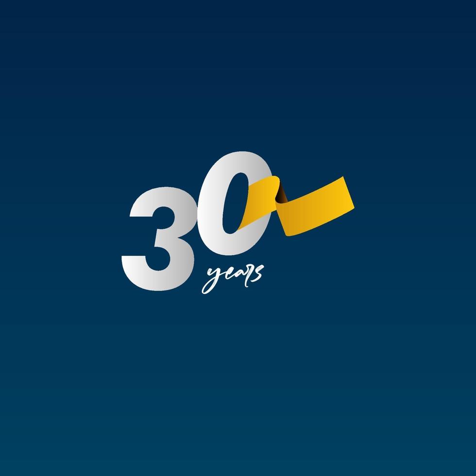30 Years Anniversary Celebration White Blue and Yellow Ribbon Vector Template Design Illustration