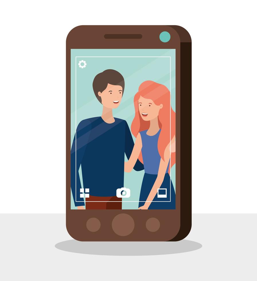 young couple in smartphone characters vector