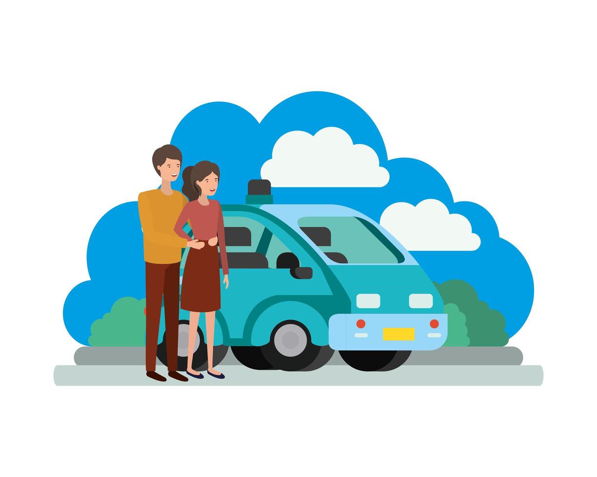 young couple with smart car scene vector