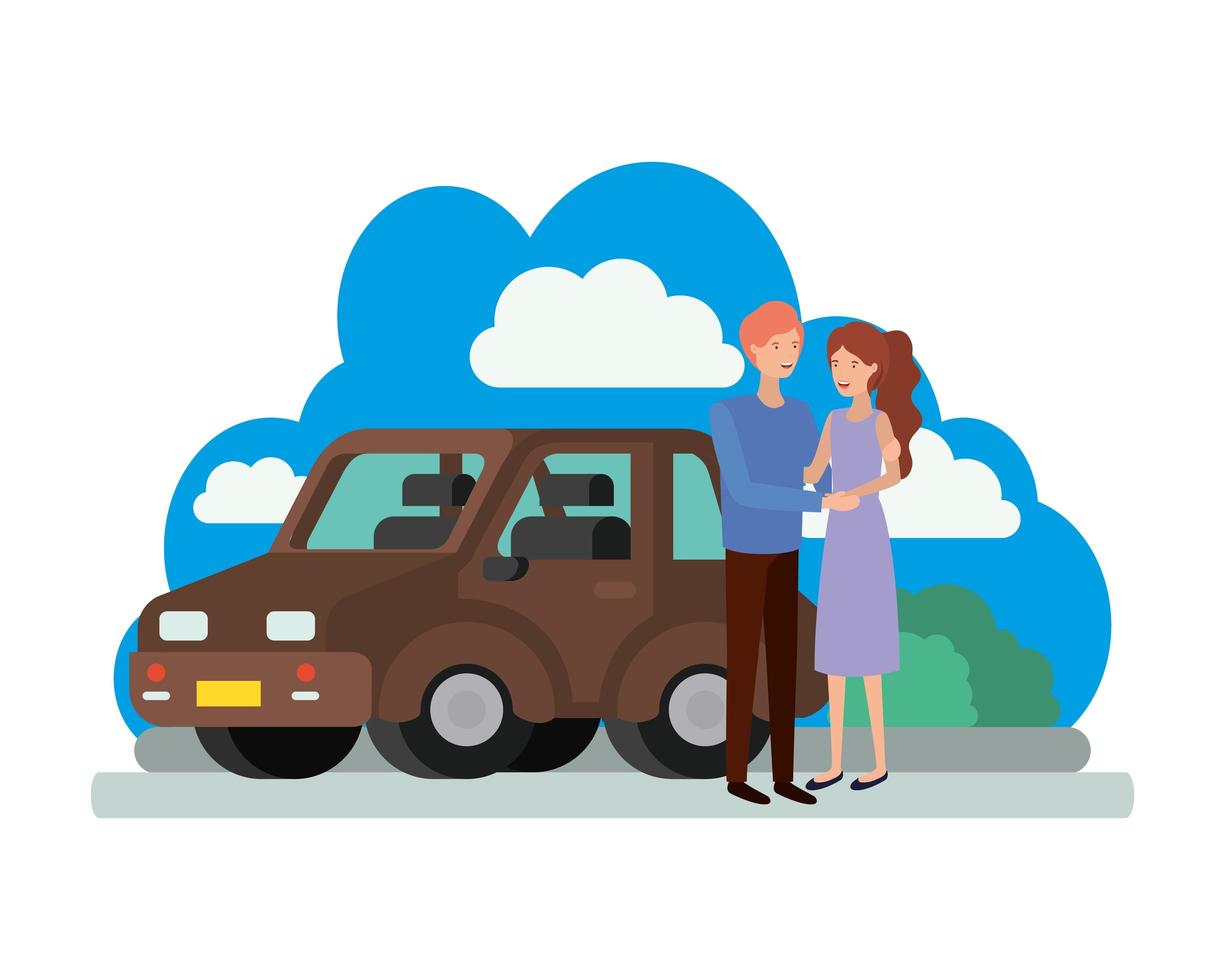 young couple with smart car scene vector