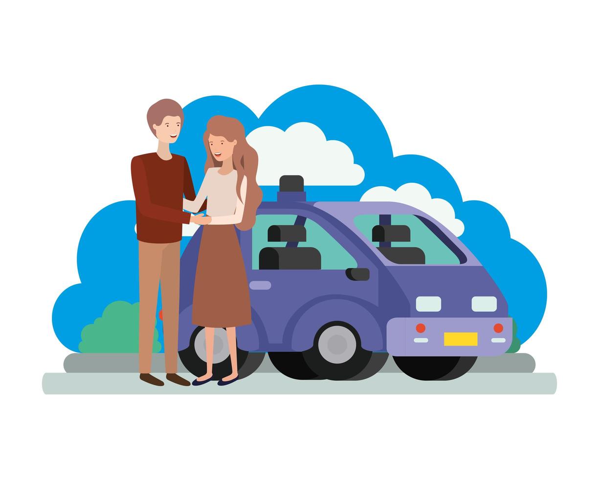 young couple with smart car scene vector