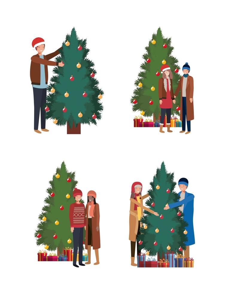 group of people decorating christmas trees celebration vector