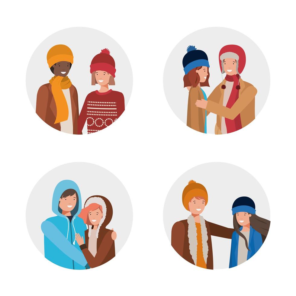 group of young people with winter clothes vector