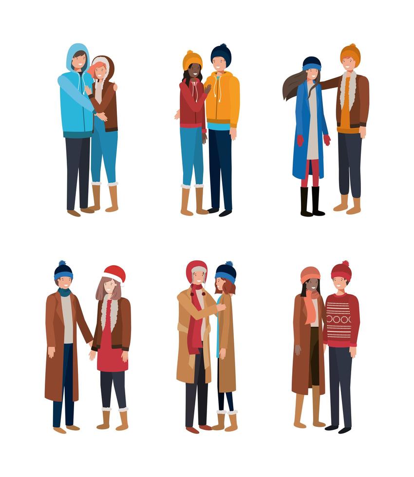 group of young people with winter clothes vector