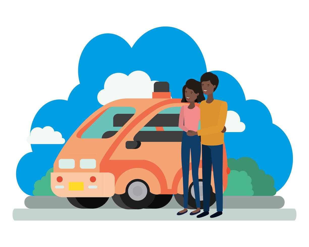 young afro couple with smart car scene vector