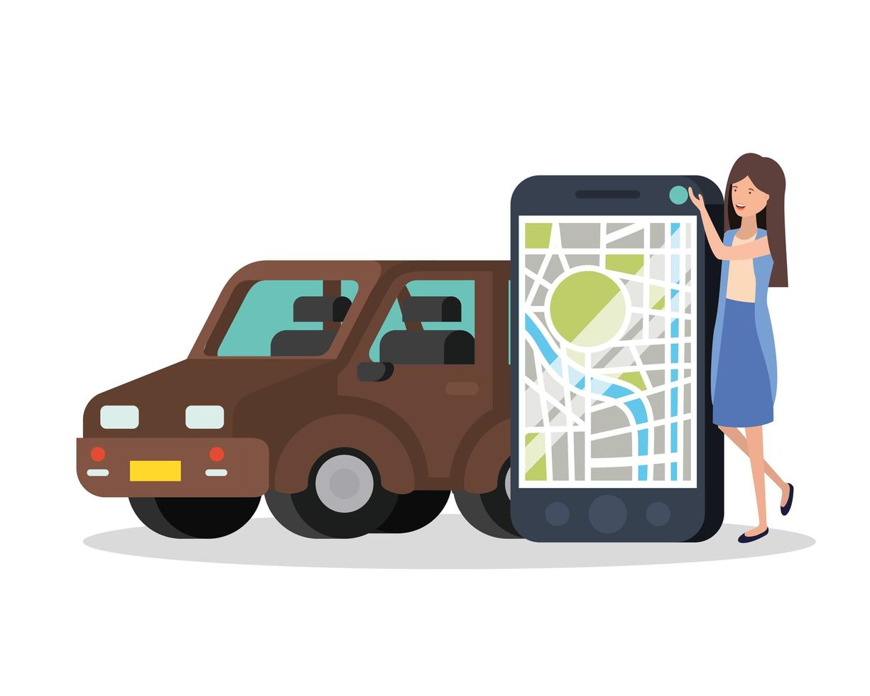 young woman with smartphone and gps app vector