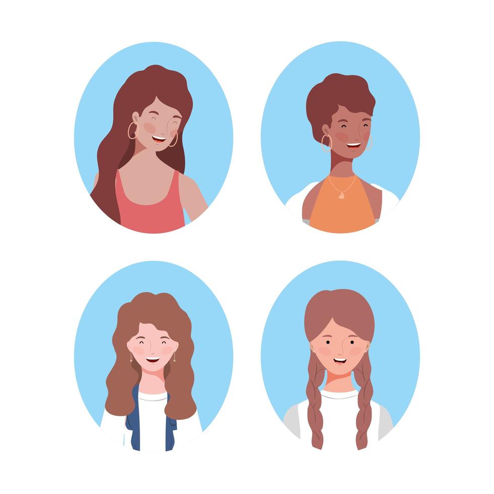 group of young women avatars characters vector