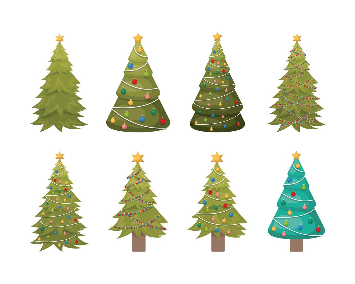 set of pines trees christmas celebration vector