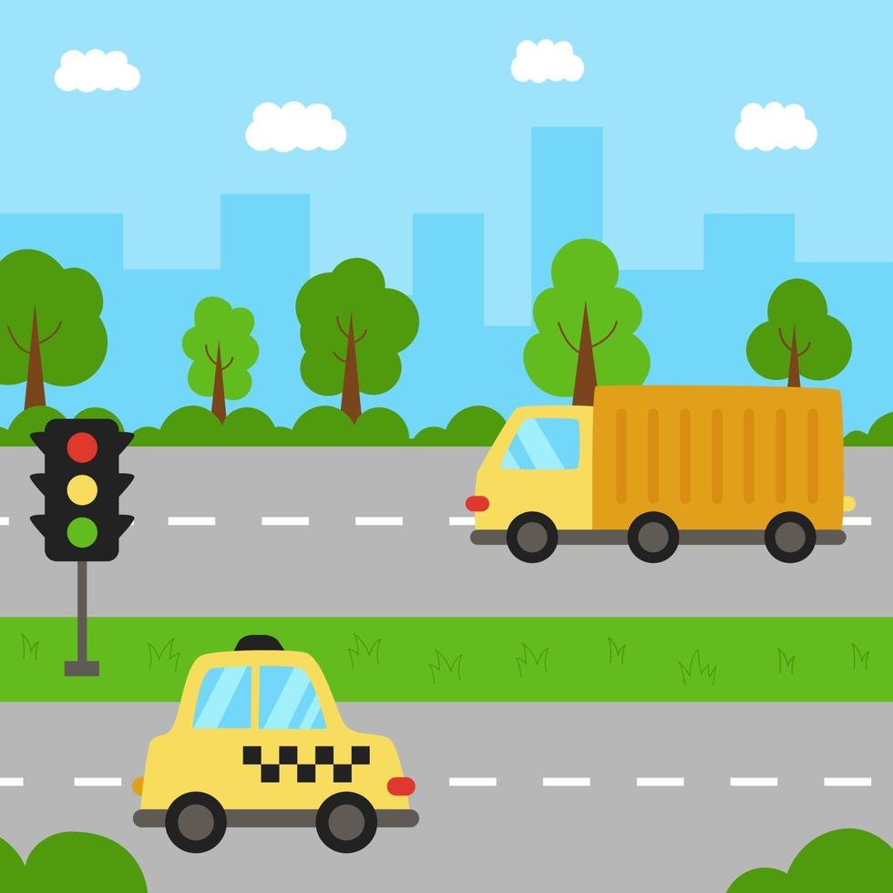 paisaje de la ciudad con transporte de dibujos animados en la carretera. vector