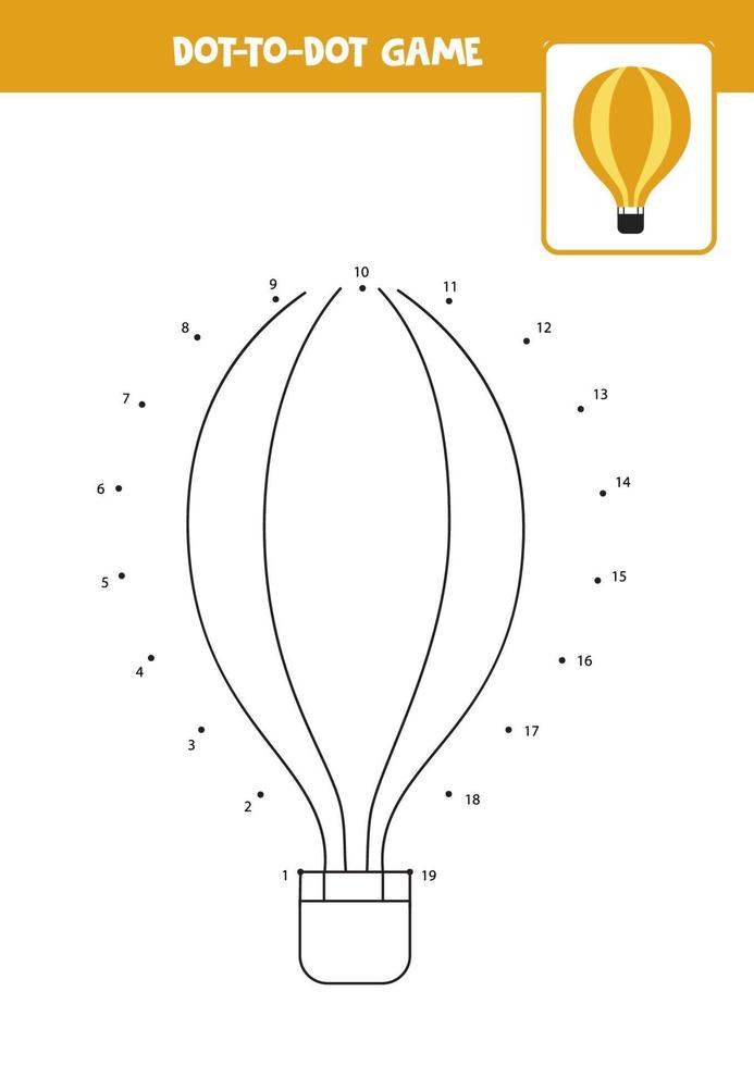 Connect the dots game with cartoon hot air balloon. vector