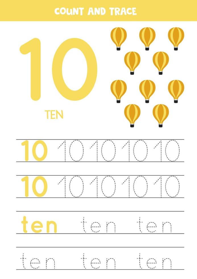 Tracing numbers worksheet with cartoon air balloons vector
