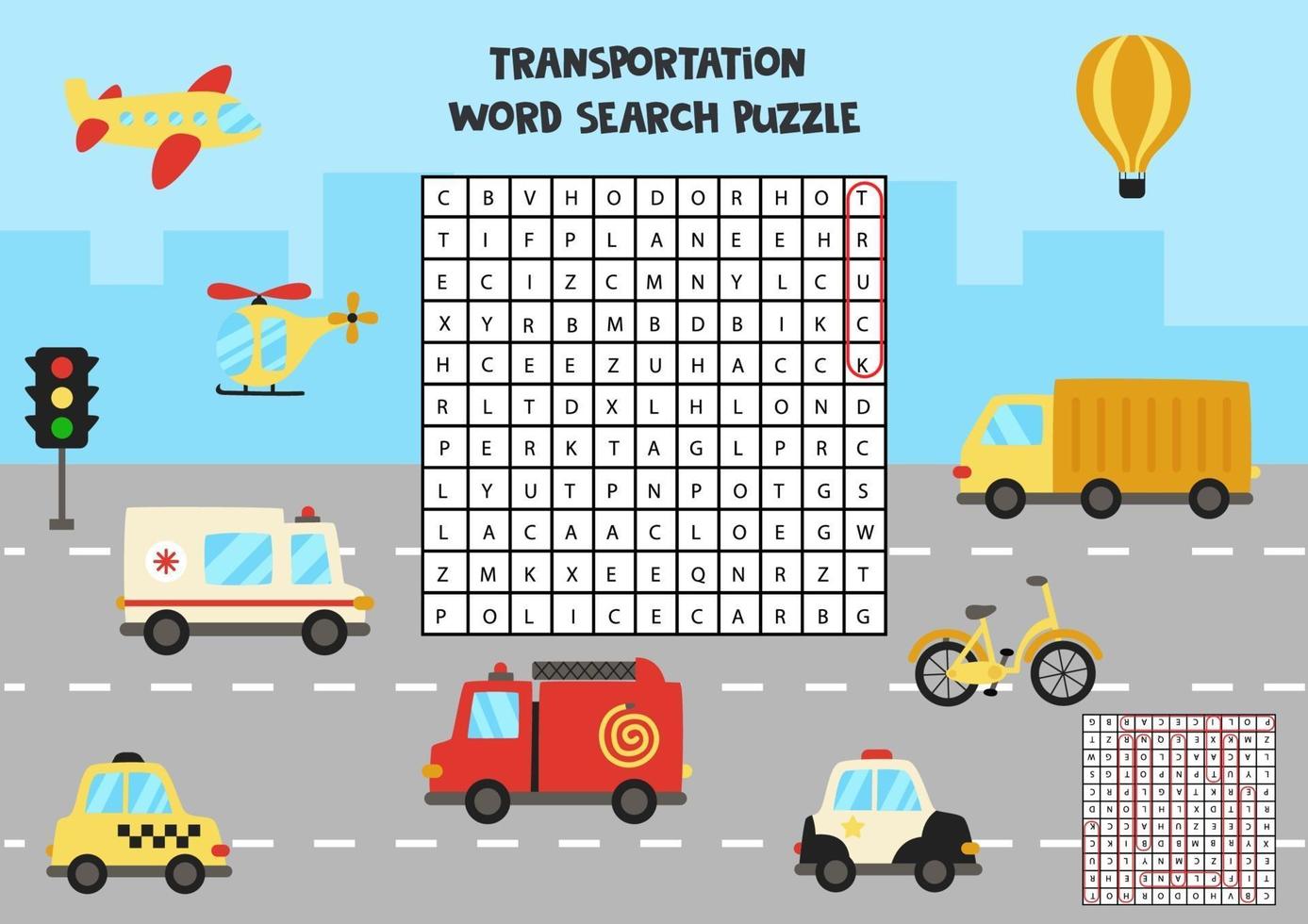 Transportation means search puzzle for preschool kids. vector