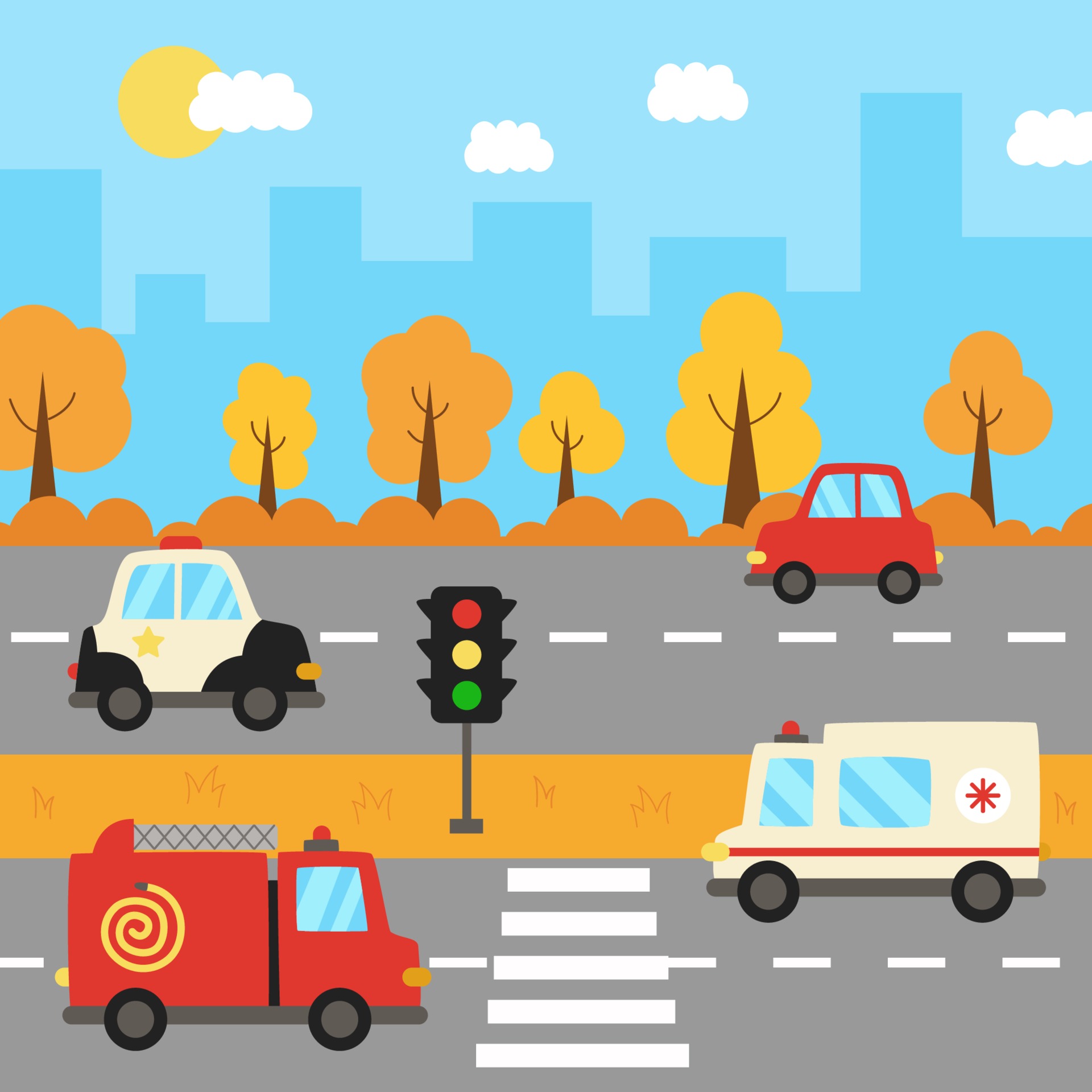 City landscape with cartoon transportation on the road. 2114415 Vector Art  at Vecteezy
