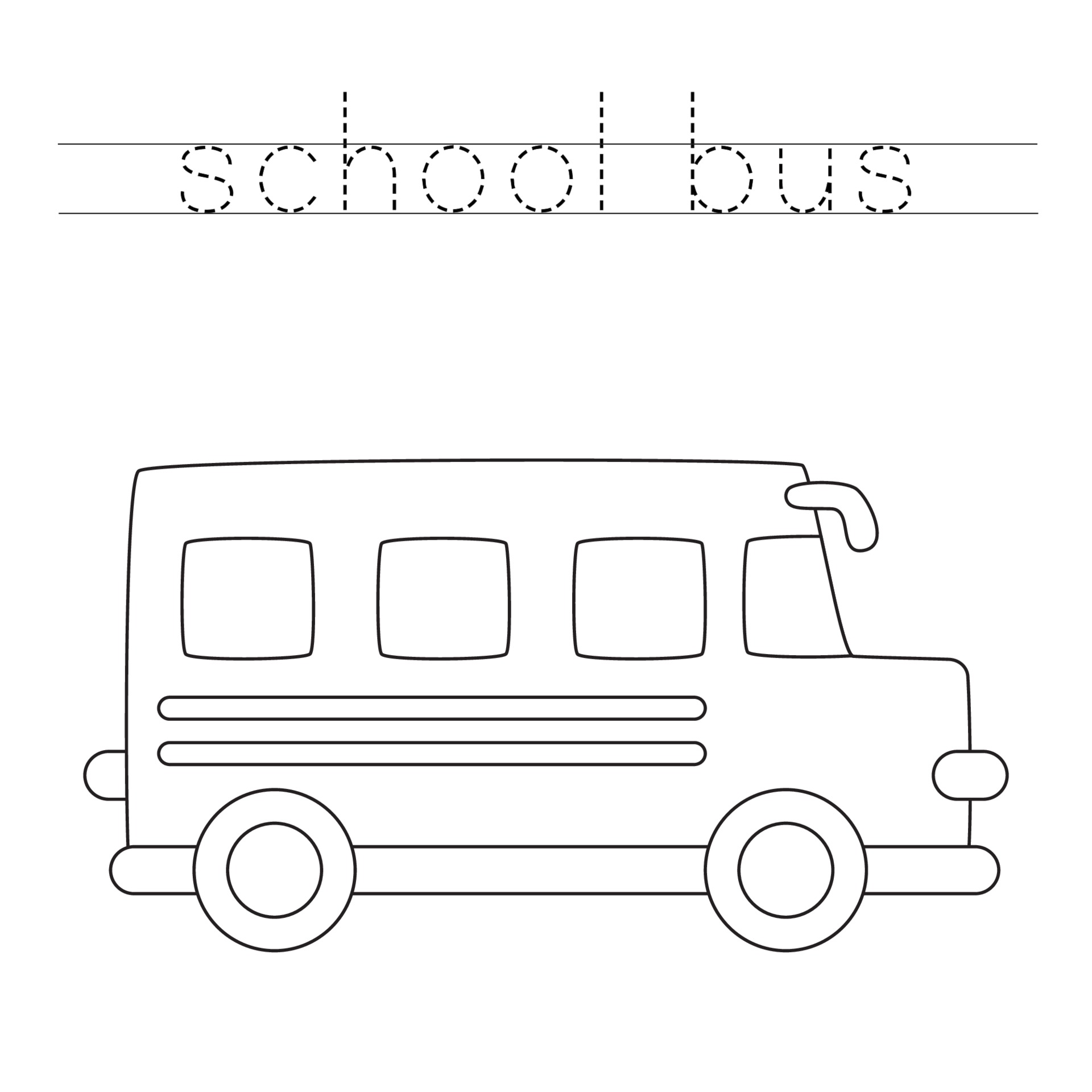 Tracing letters with school bus. Writing practice. 2114420 Vector Art