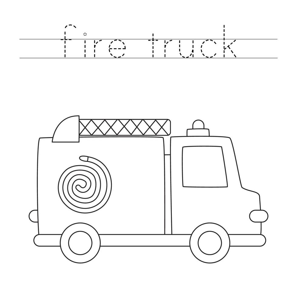 Tracing letters with cartoon fire truck. Writing practice. vector