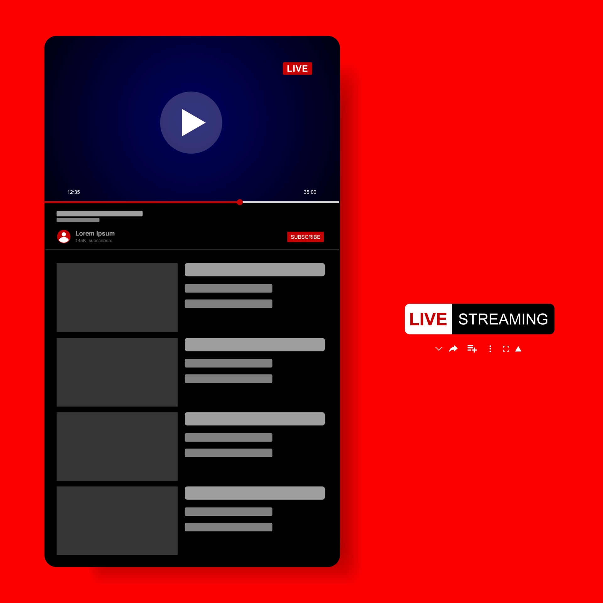 Video Player Template Design. Mockup live stream window, player. Social