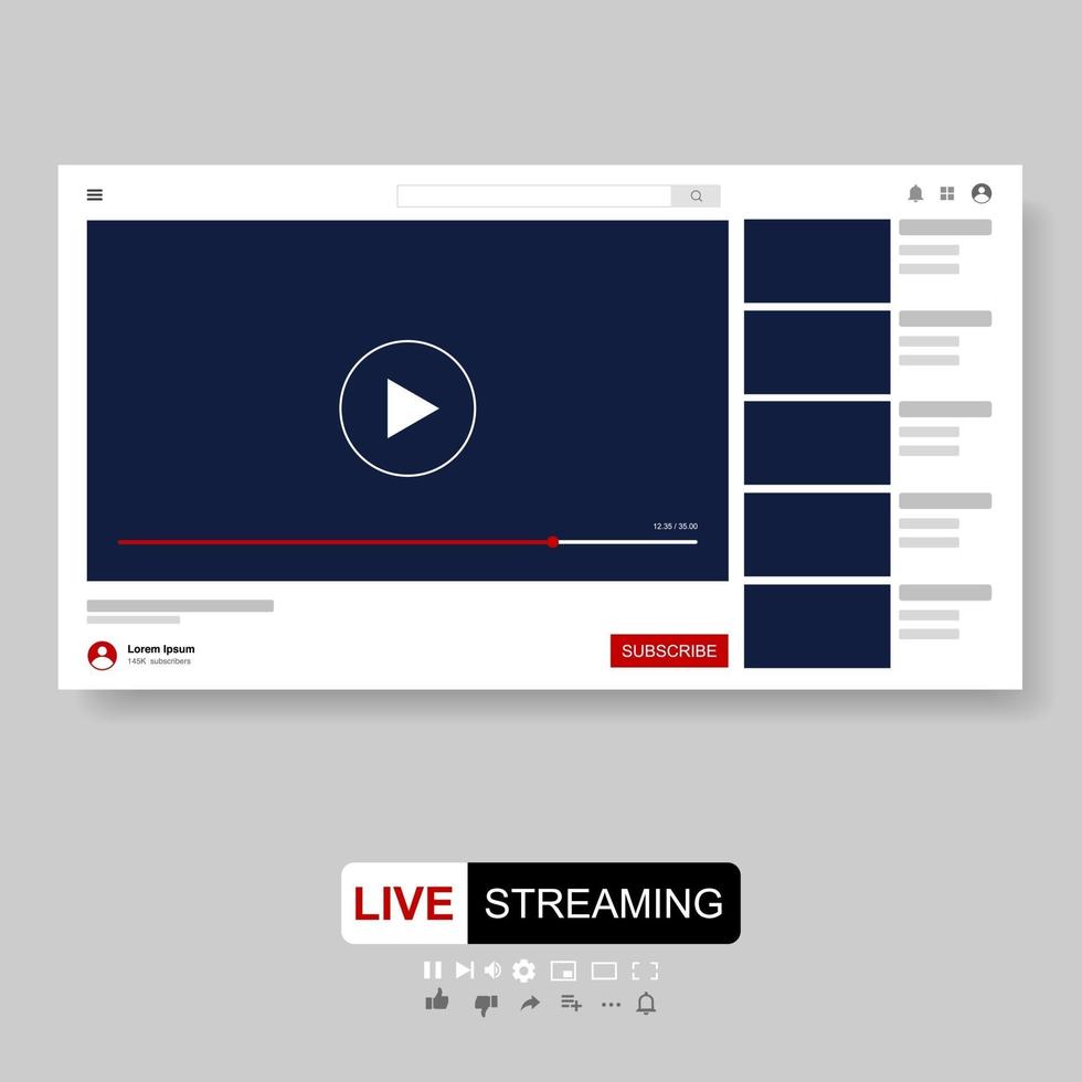 Video Player Template Design. Mockup live stream window, player. Social media concept. vector