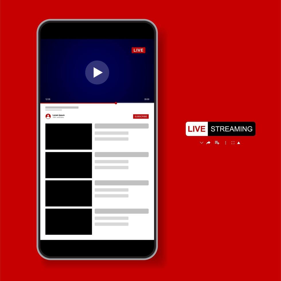 Video Player Template Design. Mockup live stream window, player. Social media concept. vector