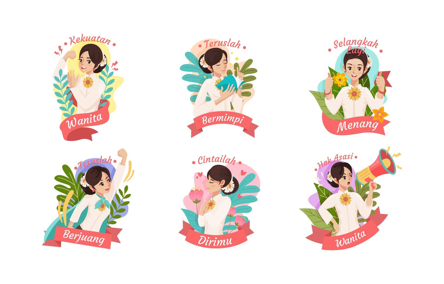 conjunto de insignias del día de kartini lindo de dibujos animados vector