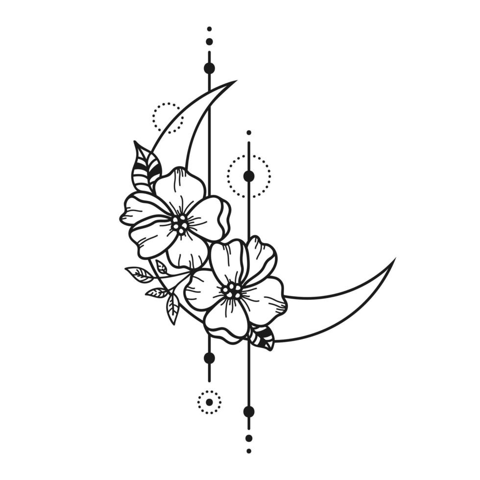 Crescent moon with flowers. Celestial illustration. vector