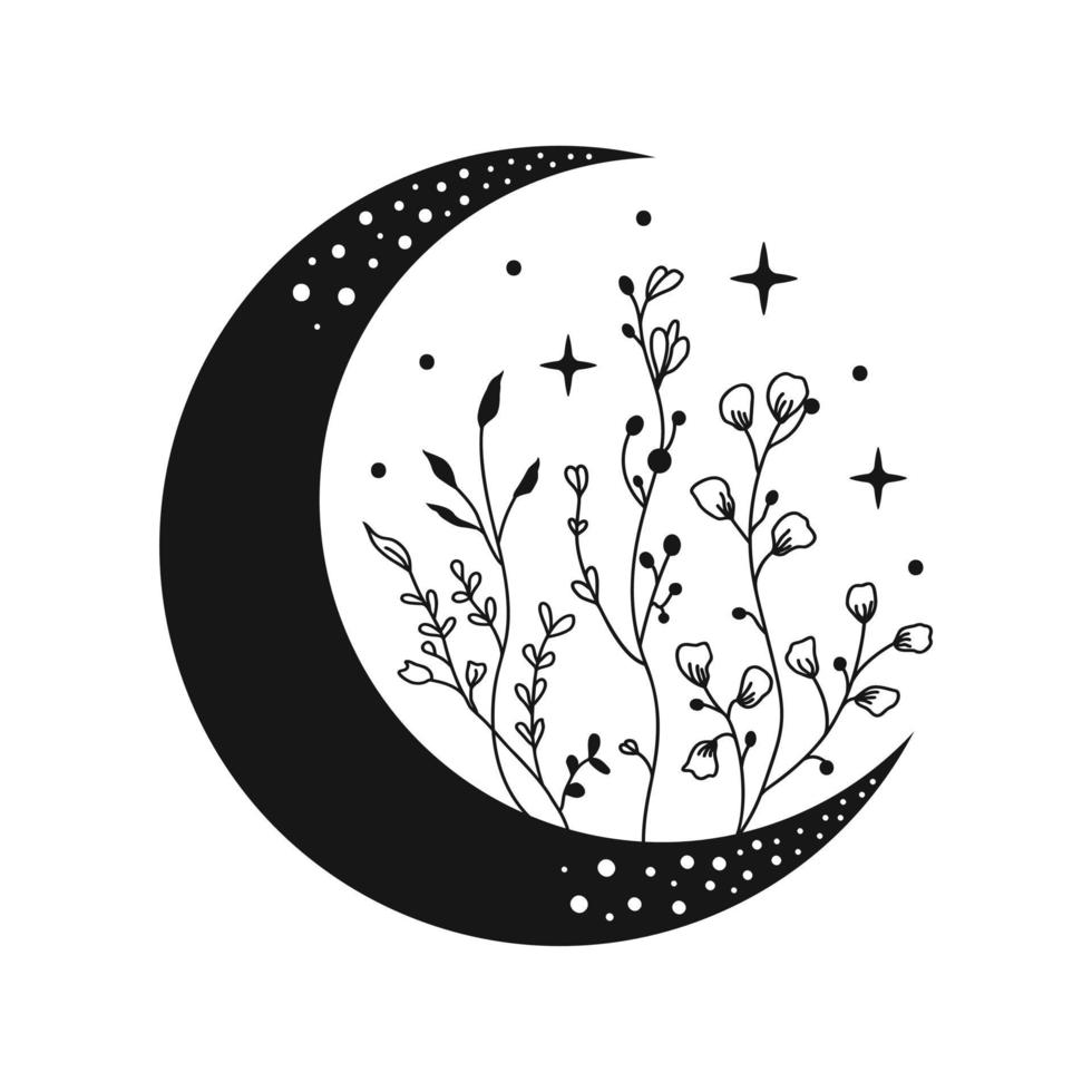 Vector moon with wildflowers. Floral moon.