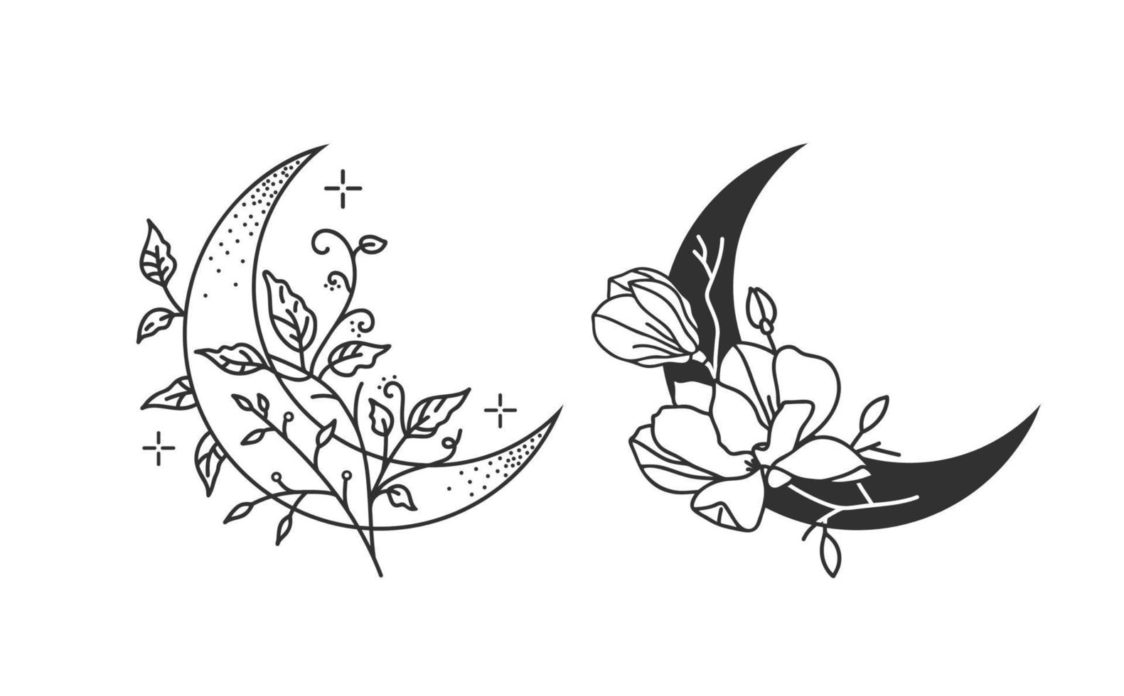 Set of floral moons. Crescent moons. vector