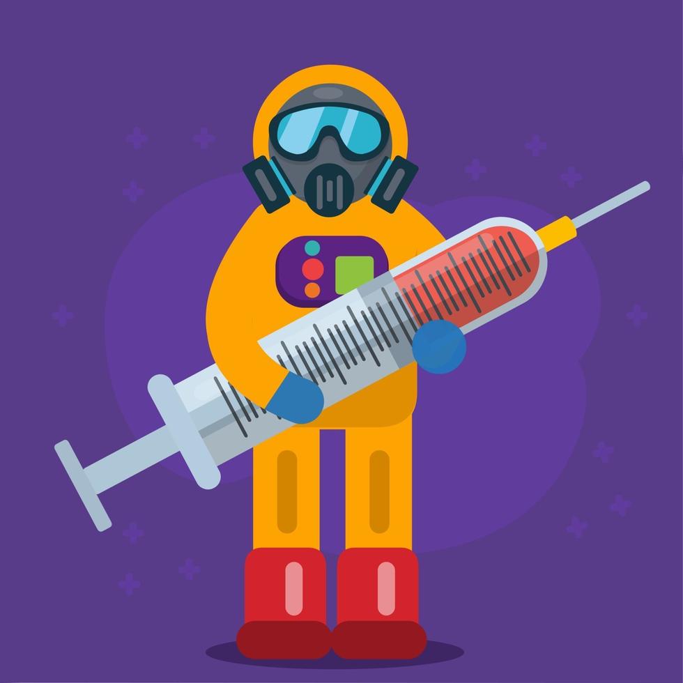person wearing hazmat holding medical syringe illustration in flat style vector