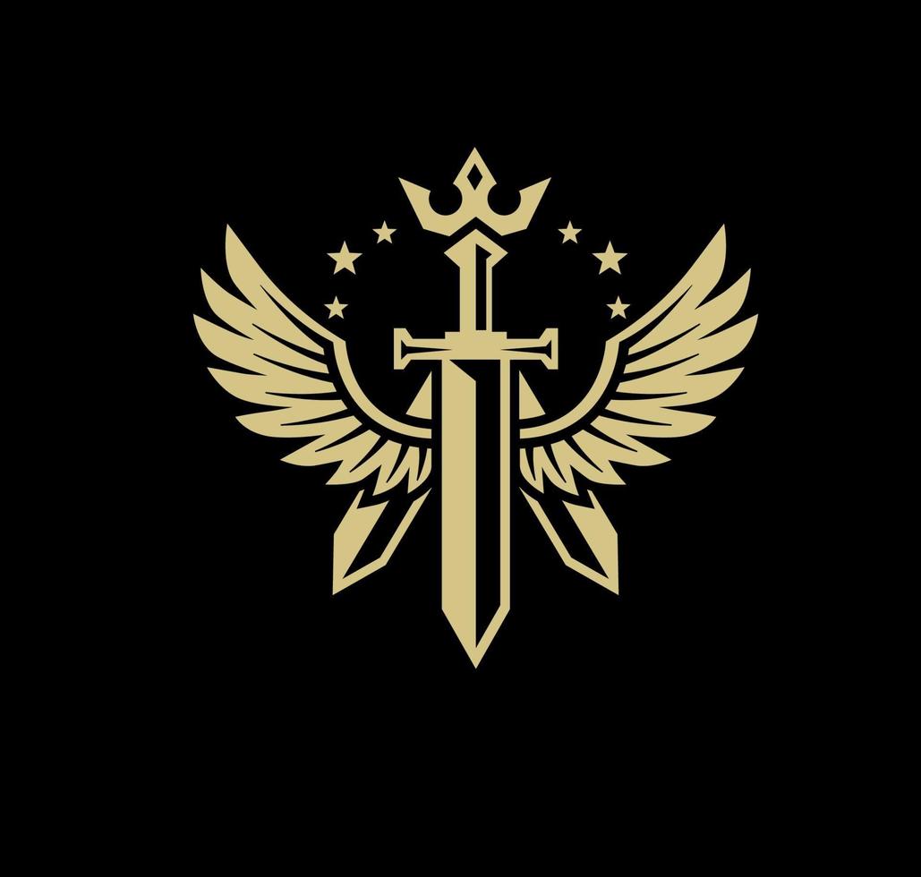 espada acompañada de alas y un icono de corona que simboliza la protección del ángel de la guarda vector