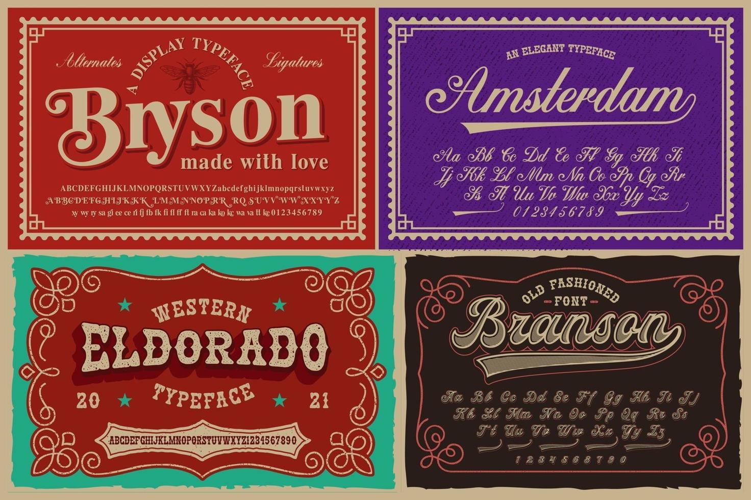 un conjunto de diferentes fuentes en estilo retro, estas fuentes son perfectas para etiquetas de alcohol, paquetes vintage, carteles y muchos otros productos creativos vector