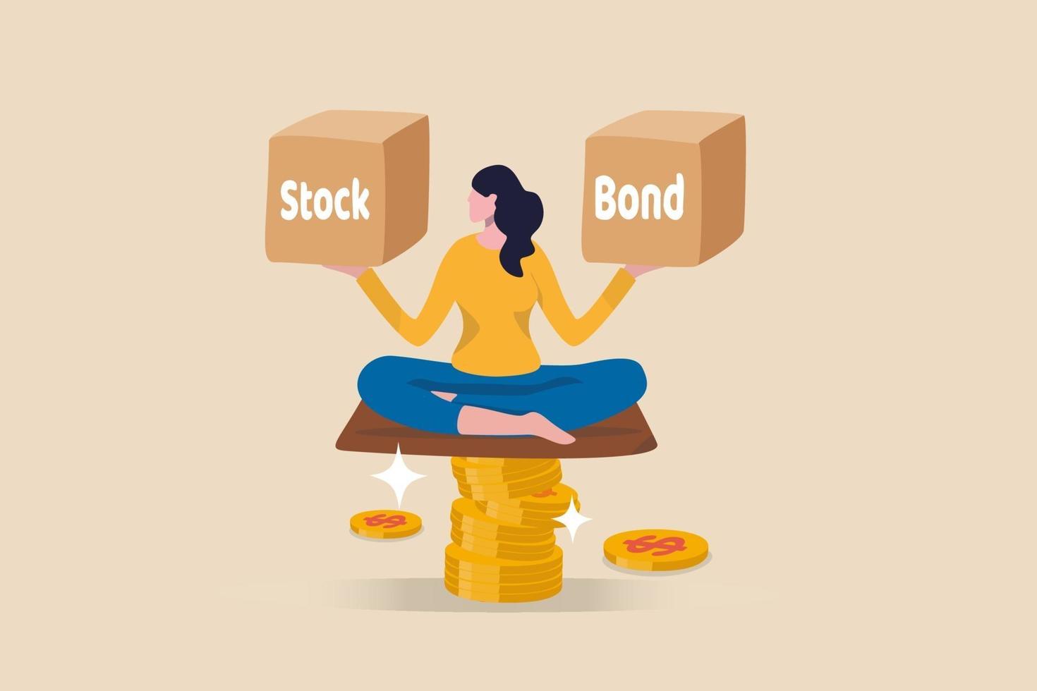 woman on a stack of coins balancing stock and bond boxes vector