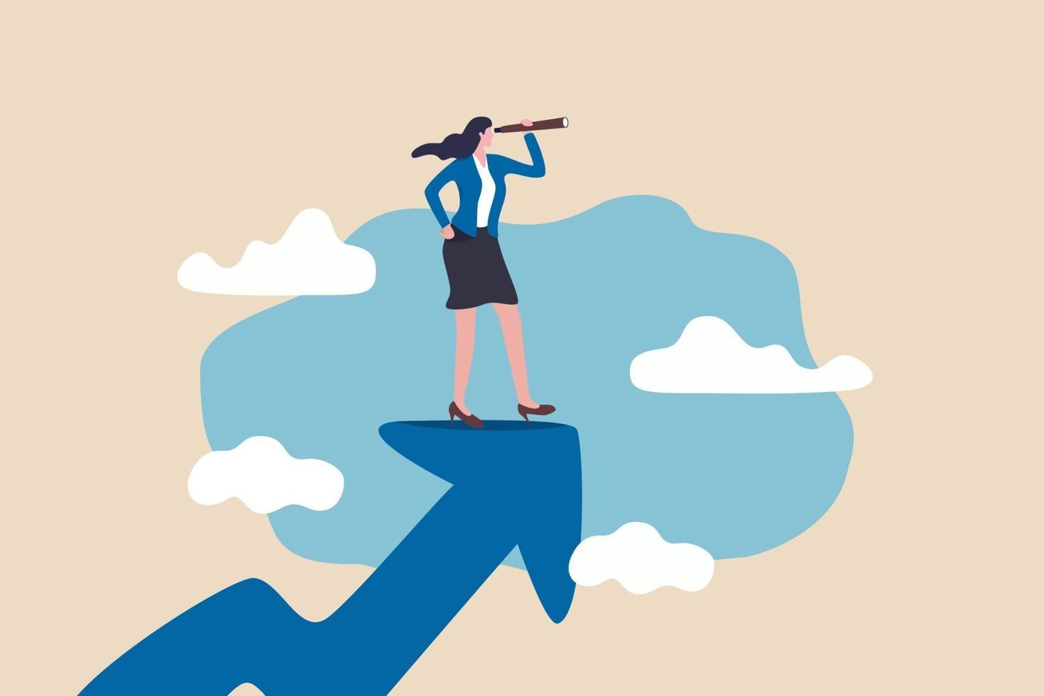 success businesswoman standing on top of rising arrow vector