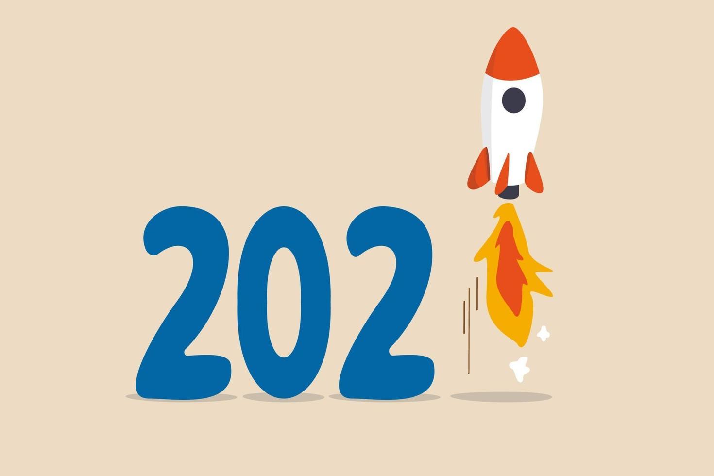 New year 2021 economic recovery, launching rocket on number one. vector