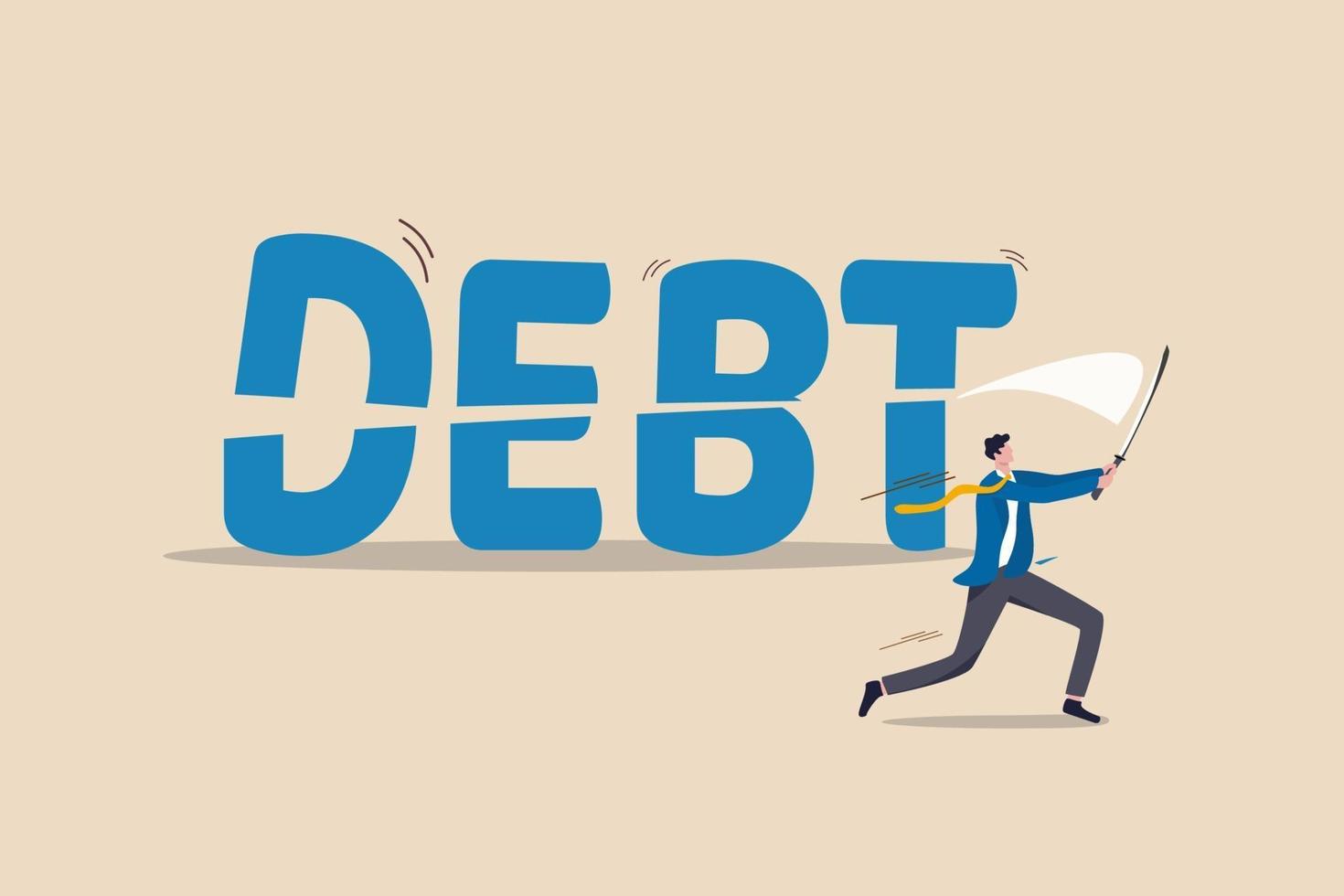 businessman cutting or slice the word DEBT in half vector