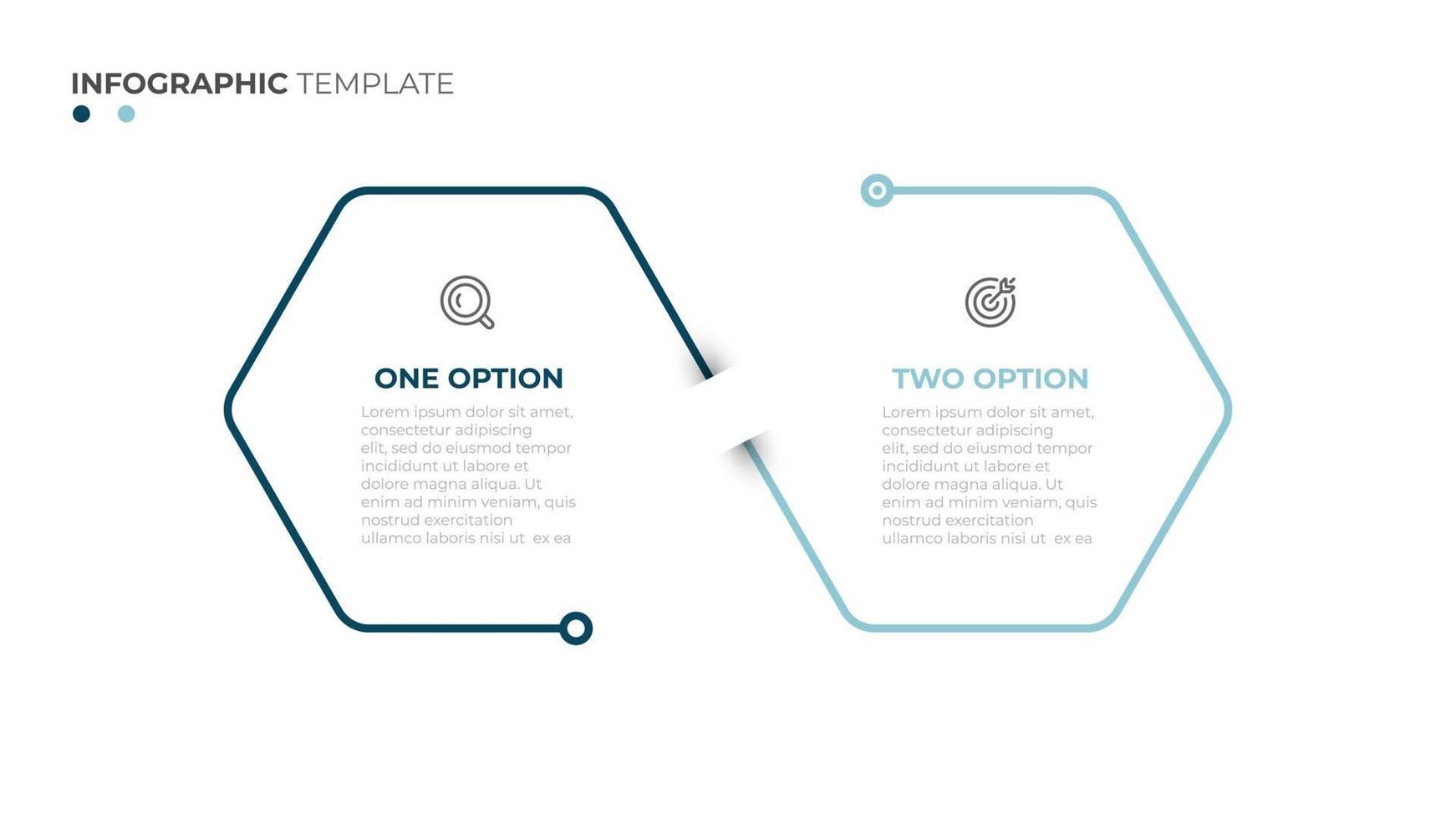 Diseño gráfico de línea fina de información empresarial con hexágono. línea de tiempo con 2 opciones. se puede utilizar para el diseño de flujo de trabajo, diagrama, informe anual, diseño web. vector