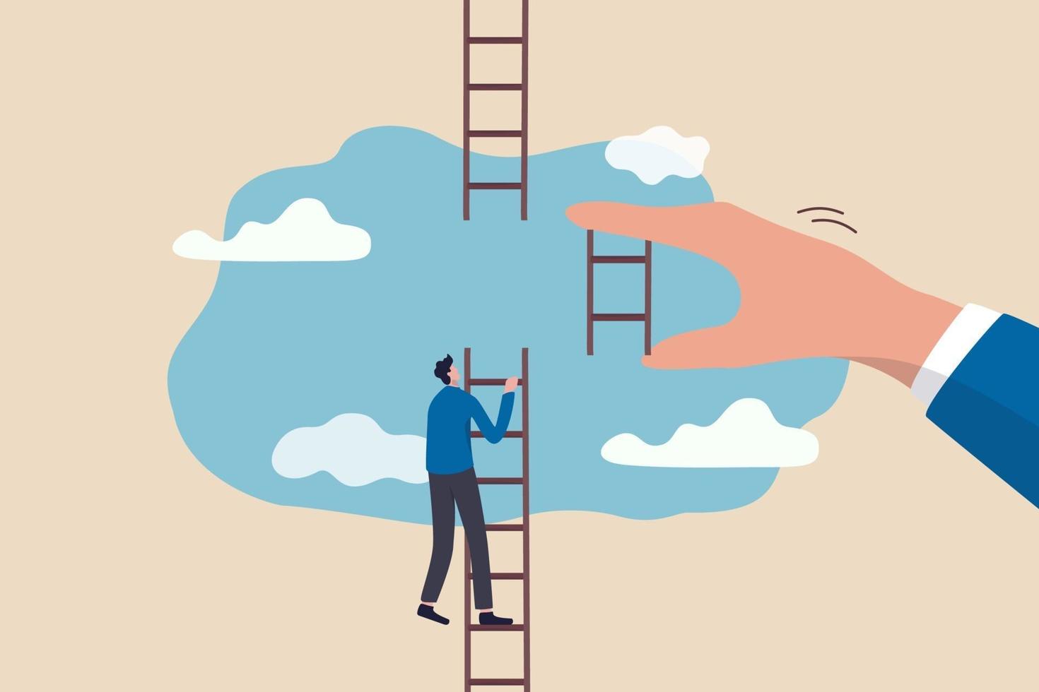 businessman climbing up to top of broken ladder with huge helping hand vector