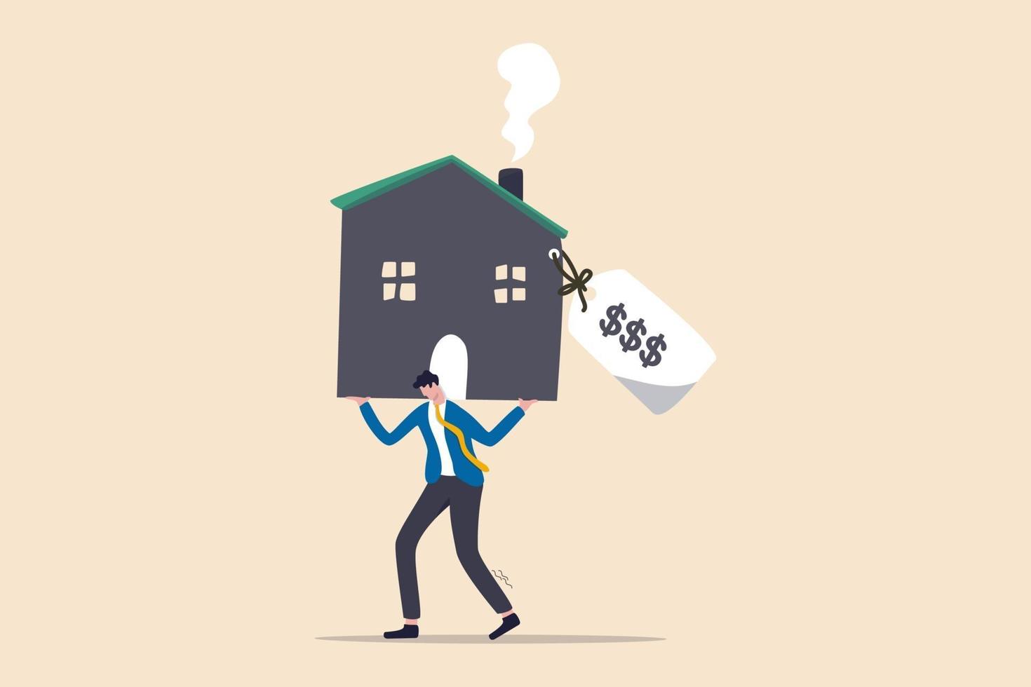 depressed office worker man carrying a house with an expensive price tag vector