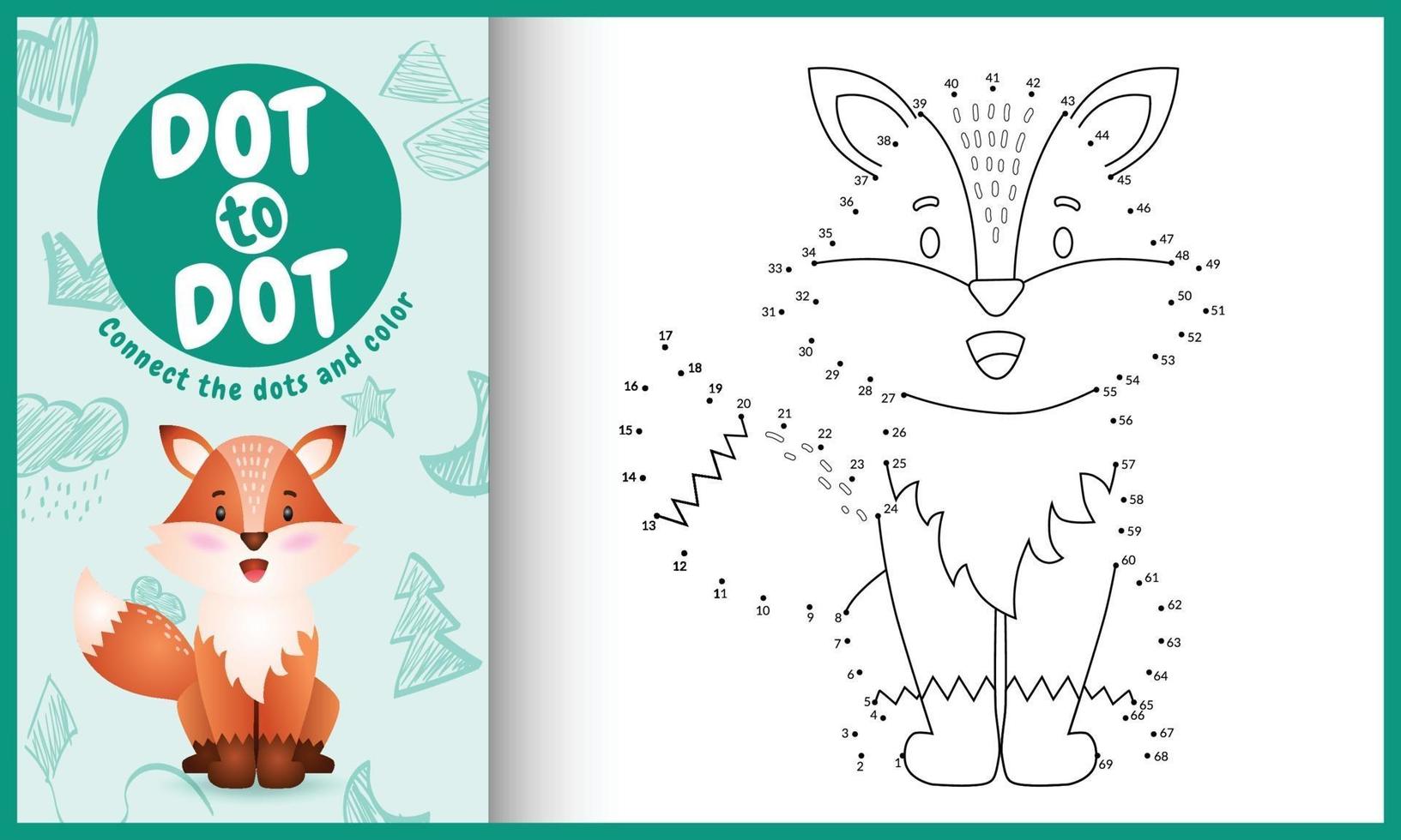 Connect the dots kids game and coloring page with a cute fox character illustration vector