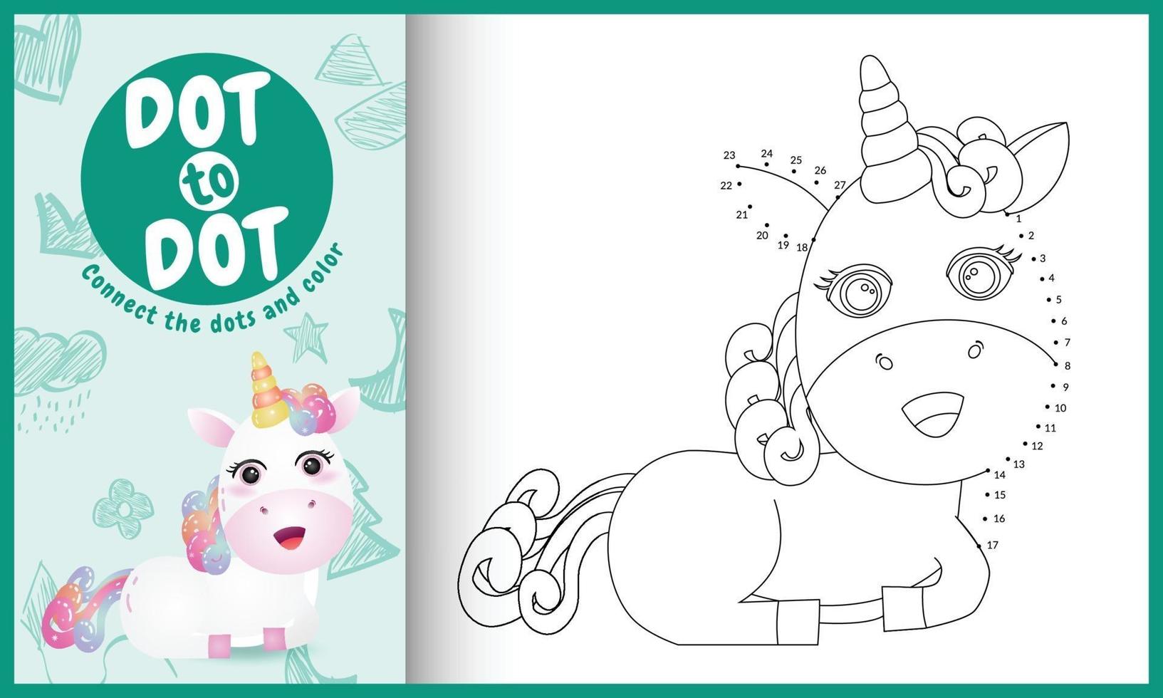 Connect the dots kids game and coloring page with a cute unicorn character illustration vector