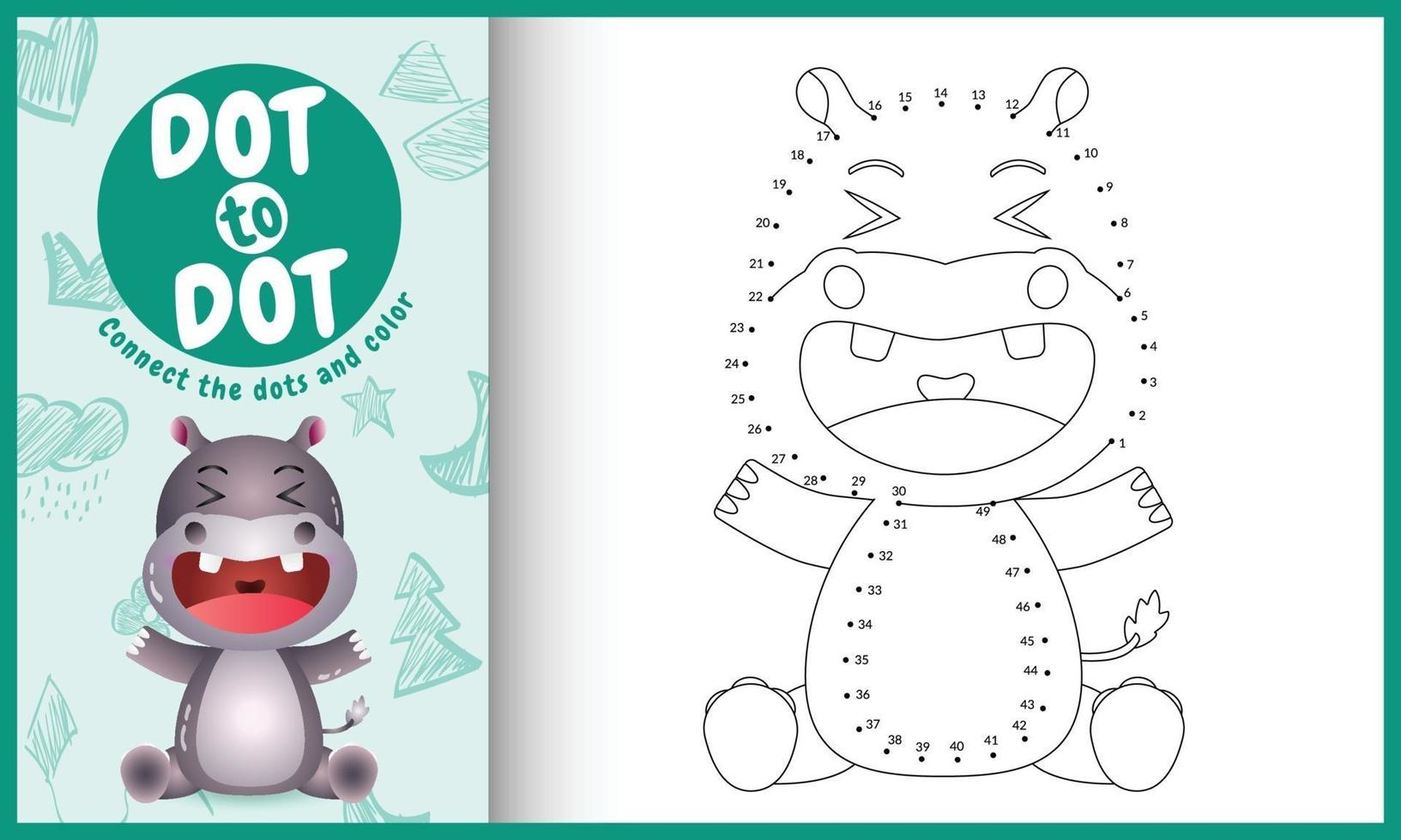 Connect the dots kids game and coloring page with a cute hippo character illustration vector