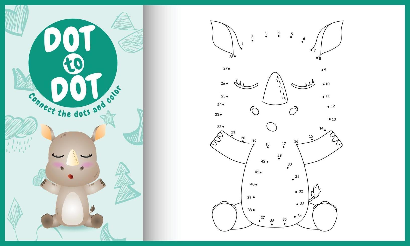 Connect the dots kids game and coloring page with a cute rhino character illustration vector