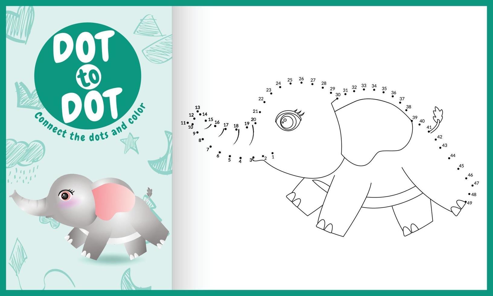 Connect the dots kids game and coloring page with a cute elephant character illustration vector