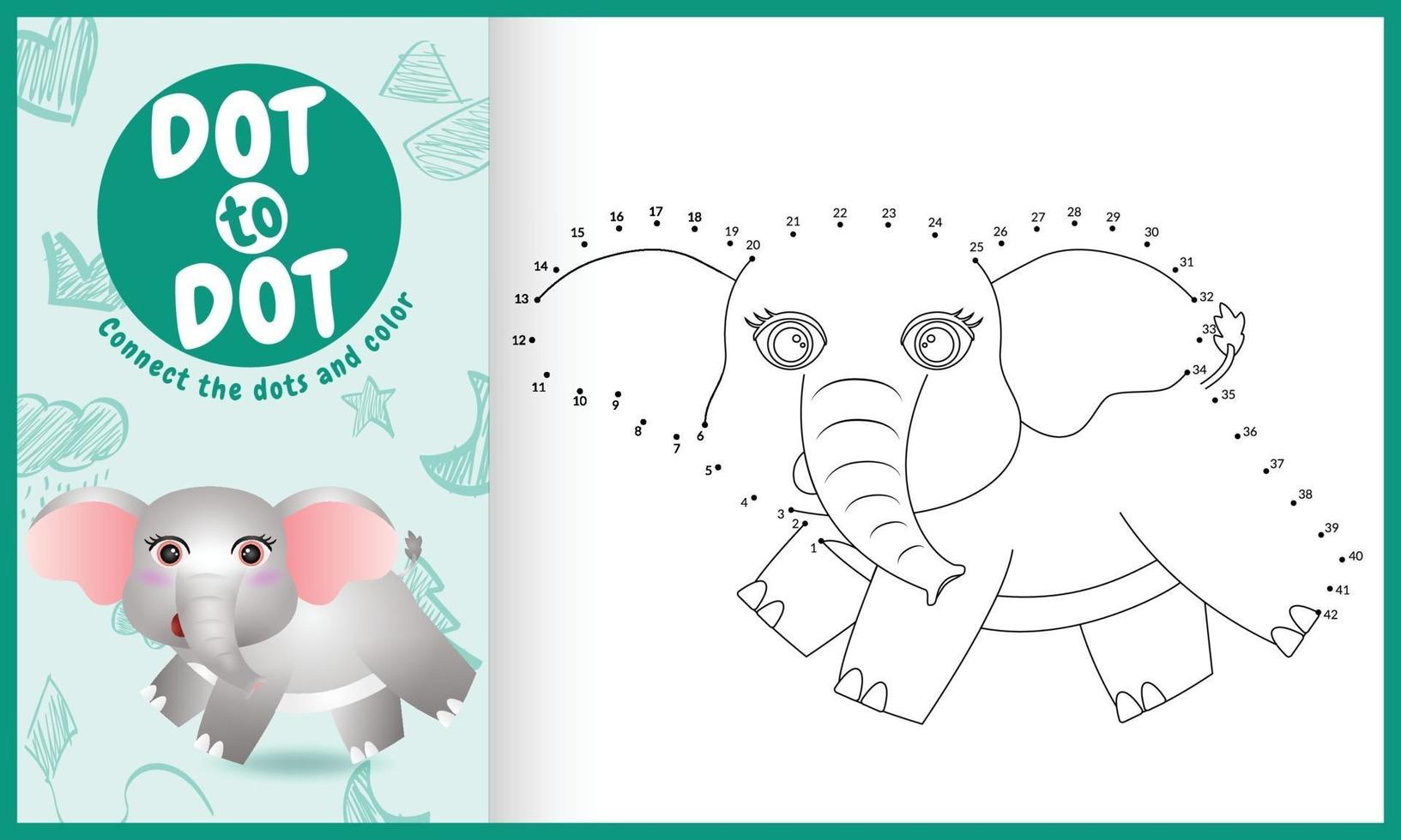 Connect the dots kids game and coloring page with a cute elephant character illustration vector