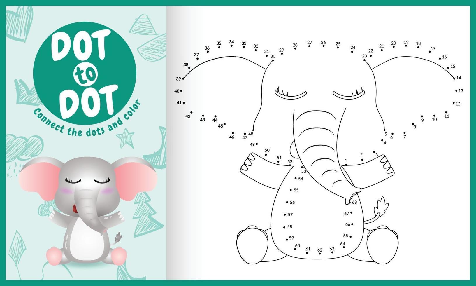 Connect the dots kids game and coloring page with a cute elephant character illustration vector