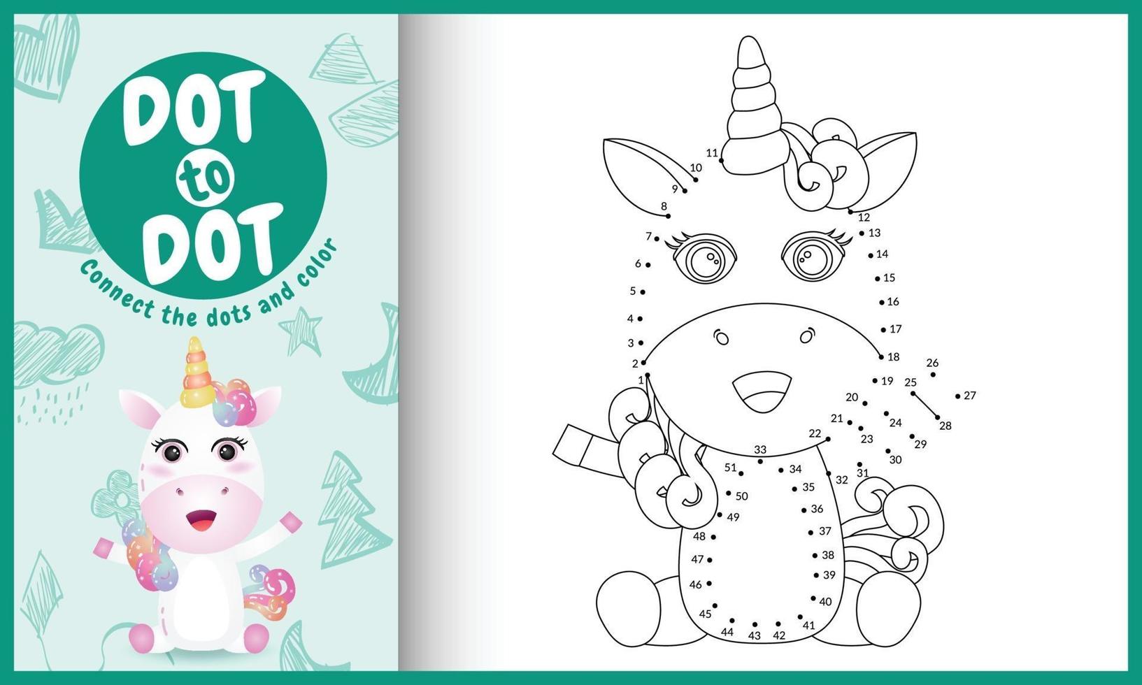 Connect the dots kids game and coloring page with a cute unicorn character illustration vector