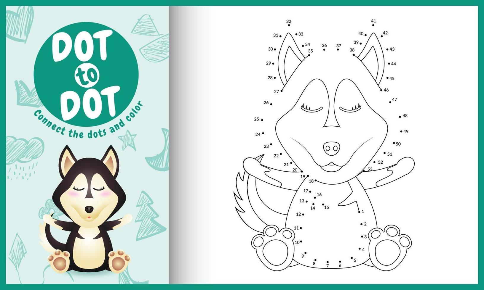 Connect the dots kids game and coloring page with a cute husky dog character illustration vector