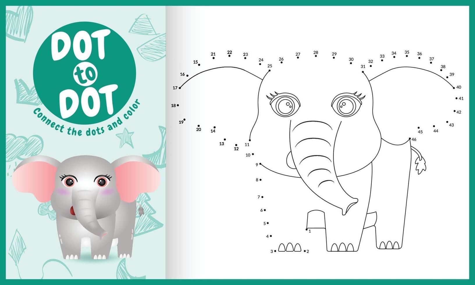 Connect the dots kids game and coloring page with a cute elephant character illustration vector